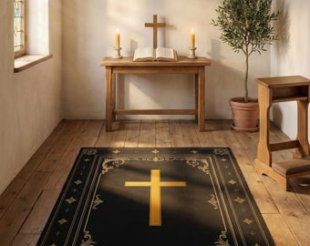 Christian Gifts: Christian Prayer Rug, Gold Cross Sign Mat, Jesus Rug, Custom Christian Decor, Christlicher Gebetsteppich