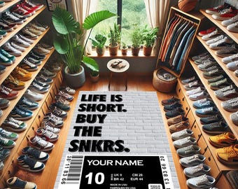 May include: A white brick-patterned doormat with the text "Life is short. Buy the snkrs." in black. The doormat also has a black label with the text "Your Name" and the number "10". The label also includes size information in UK, BR, CM, and EUR sizes.
