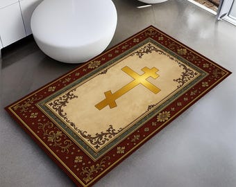 Orthodox Cross Prayer Rug: Vintage Christian Mat, Burgundy Gold Religious Decor, Spiritual Gift, Soft Mat, Custom Church Design