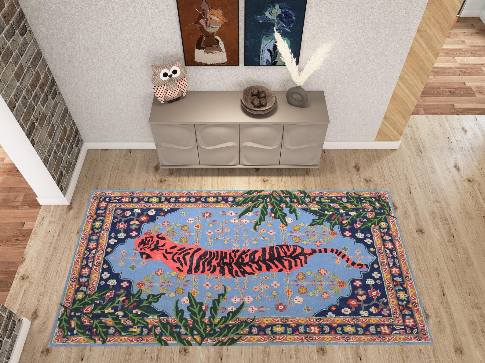 Maximilast Rug Colorful Floral Tiger Rug: Maximalist Coral Tiger Area Carpet, Vintage ...