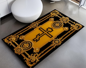 Christian Prayer Rug: Gold Ornate Cross Design, Sacred Home Decor, Luxury Spiritual Floor Mat, Orthodox Christlicher Gebetsteppich