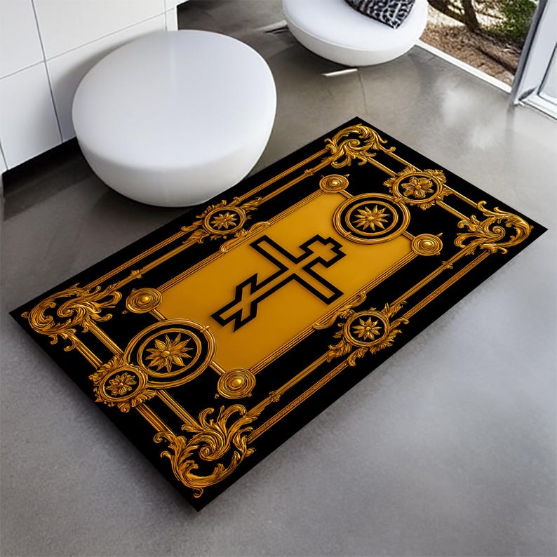 Pu&ograve; includere: Un tappeto decorativo rettangolare nero e oro con un motivo a croce. Il tappeto presenta un centro dorato con una croce nera ed &egrave; incorniciato da volute dorate e accenti floreali. Il tappeto &egrave; posizionato su un pavimento grigio.