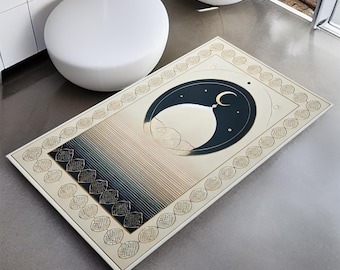 May include: A beige prayer rug with a gold border and a blue and white design of a crescent moon and a dome. The design is centered on the rug and is surrounded by a repeating pattern of gold circles.