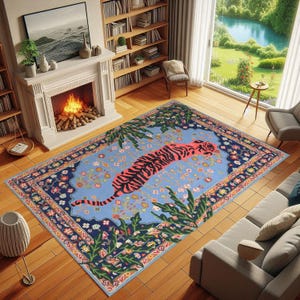 Tiger Rug,Tiger Pattern Rug,Botanical Tiger Leopard Print Rug,Rustic Wild Animal Rug,Unique Rug,Tiger Carpet,Ethnical Plant Rug,Indian Rug