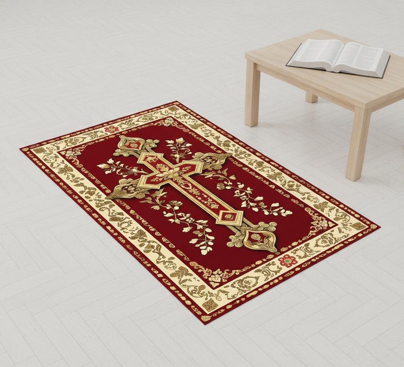 Orthodox Rug Orthodox Christian Kneeling Mat: Red Gold Cross Gift, Prayer Rug Home ...