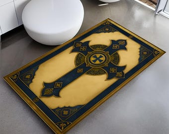 Christian Prayer Rug Blue Gold Cross Design: Sacred Home Decor, Orthodox Spiritual Worship Floor Mat, Religional Gift