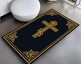 Orthodox Cross Prayer Rug Navy Blue Gold: Christian Church Altar Worship Carpet, Worship Decor, Religious Home Gift