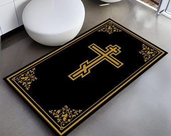 Black Gold Orthodox Cross Prayer Rug: Christian Altar Carpet, Church Home Worship Decor, Religious Home Gift