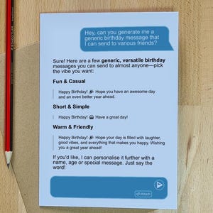 May include: A wooden board displays a white card with birthday message options, a black pen, a red pencil, and a brown envelope. The card suggests fun, short, and warm birthday greetings.