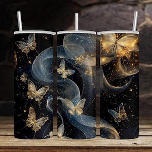 Gold Shimmering Celestial Butterflies 20 oz Skinny Tumbler Sublimation & UVDTF Design Digital Download PNG Instant DIGITAL Only Tumbler Wrap
