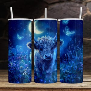 Nighttime Butterfly Cute Highland Cow 20 oz Skinny Tumbler Sublimation & UVDTF Design Digital Download PNG Instant DIGITAL Only Tumbler Wrap