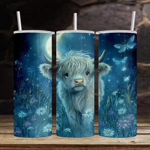 Nighttime Butterfly Cute Highland Cow 20 oz Skinny Tumbler Sublimation & UVDTF Design Digital Download PNG Instant DIGITAL Only Tumbler Wrap