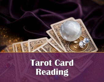 May include: A close-up of a tarot card reading spread with a crystal ball and two smaller crystals on top of the cards. The cards are spread out on a purple fabric background.