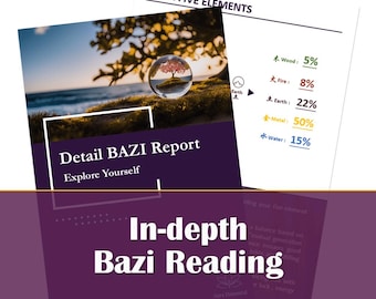 May include: A purple and gold brochure with the text "Detail BAZI Report Explore Yourself" and "In-depth Bazi Reading" with a graphic of a lotus flower. The brochure also includes a chart with the text "Your Five Elements" and percentages for Wood, Fire, Earth, Metal, and Water.