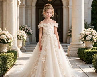 Ivory / White Tulle Flower Girl Dress: Off-Shoulder Lace Applique Ball Gown