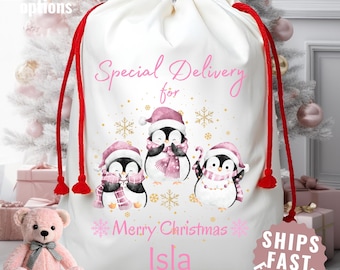 May include: A white Christmas gift bag with a red drawstring closure. The bag features a design of three penguins wearing pink hats and scarves, with the text "Special Delivery for Merry Christmas Isla".