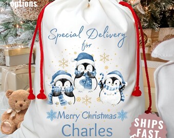 May include: White Christmas gift bag with red drawstring closure. The bag features three penguins wearing blue hats and scarves, with the text "Special Delivery for Merry Christmas Charles". Gold snowflakes are scattered around the penguins.