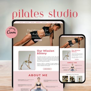 Può includere: Un display digitale di un sito web di studio di pilates su un tablet e uno smartphone. Il sito web presenta immagini di persone che fanno yoga, con testo che recita "Find Harmony for Your Body and Mind" e "Our Mission & Story."