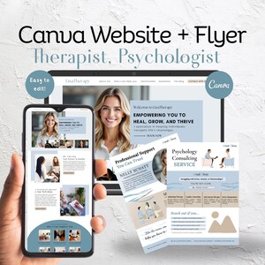 Op de afbeelding: Een smartphone en een laptop tonen een website-ontwerp en een flyer, beide ter promotie van de diensten van een therapeut. Het ontwerp bevat een foto van een vrouw, met de tekst "Empowering You to Heal, Grow, and Thrive."