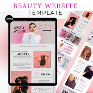 Op de afbeelding: Een roze en witte website-sjabloon voor een schoonheidssalon of kapper. De website bevat een foto van een vrouw met lang, donker haar, en de tekst "Jessica Sinclair Studio" en "Onze Missie".