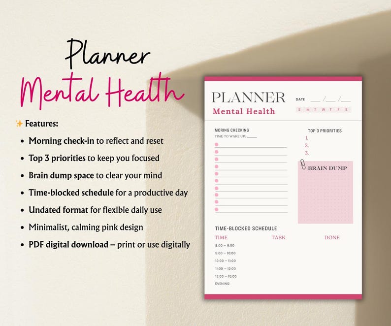 Planner Daily Mental Health Printable, Self Care Journal, Productivity ...
