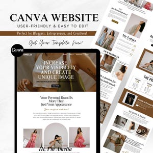 Könnte beinhalten: Eine Website-Vorlage, die für Blogger, Unternehmer und Kreative entwickelt wurde. Die Vorlage verfügt über einen hellbraunen Hintergrund mit einer weißen Kopfzeile, die "Canva Website" und "Benutzerfreundlich & einfach zu bearbeiten" lautet. Die Kopfzeile enthält auch den Text "Perfekt für Blogger, Unternehmer und Kreative!" und "Holen Sie sich jetzt Ihre Vorlage!" Die Vorlage enthält einen Abschnitt mit dem Titel "Steigern Sie Ihre Sichtbarkeit und erstellen Sie ein einzigartiges Bild" mit einem Foto einer Frau, die ein weißes Oberteil und eine braune Tasche trägt. Die Vorlage enthält auch einen Abschnitt mit dem Titel "Unsere Dienstleistungen" mit einem Foto einer Frau, die ein weißes Oberteil und eine braune Tasche trägt. Die Vorlage enthält auch einen Abschnitt mit dem Titel "Meine Werte" mit einem Foto einer Frau, die ein weißes Oberteil und eine braune Tasche trägt. Die Vorlage enthält auch einen Abschnitt mit dem Titel "Der Preis" mit einem Foto einer Frau, die ein weißes Oberteil und eine braune Tasche trägt.