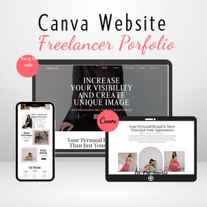 May include: A mockup of a website design for a freelancer using Canva. The website features a black background with white text and a pink accent color. The text on the website reads "Increase your visibility and create unique image". The website also features a photo of a woman wearing a pink dress.