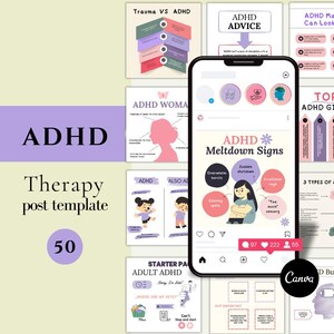 ADHD-postsjabloon Instagram ADHD-bewustmakingscontent, ADHD-educatieve posts Sjabloon voor geestelijke gezondheid ADHD-coachingtherapeut bewerkbare content