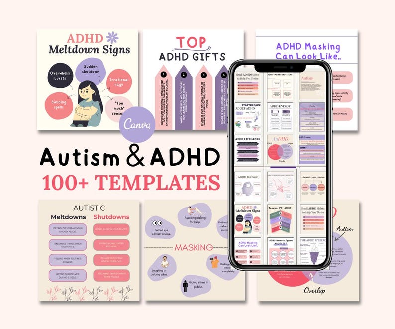 Peut inclure: Une illustration num&eacute;rique d'un &eacute;cran de t&eacute;l&eacute;phone affichant divers mod&egrave;les d'infographies color&eacute;s pour l'autisme et le TDAH. Les mod&egrave;les incluent des sujets tels que le masquage, les crises, les arr&ecirc;ts et le masquage du TDAH. Le t&eacute;l&eacute;phone est entour&eacute; d'autres mod&egrave;les d'infographies color&eacute;s sur des th&egrave;mes similaires.