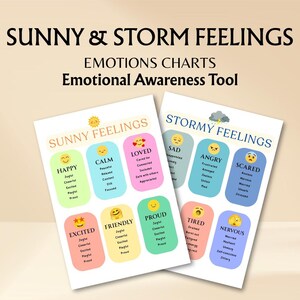 May include: Two emotion charts titled "Sunny & Storm Feelings" with the text "Emotions Charts" and "Emotional Awareness Tool". The "Sunny Feelings" chart includes "Happy", "Calm", "Loved", "Excited", "Friendly", and "Proud". The "Stormy Feelings" chart includes "Sad", "Angry", "Scared", "Tired", and "Nervous".