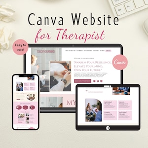 May include: A digital mockup of a website design for therapists, displayed on a tablet, smartphone, and another tablet. The design features a pink and white colour scheme with the text "Canva Website for Therapist" and "Easy to edit!"