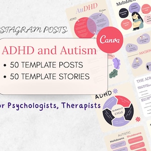 Peut inclure: Un graphique de marketing num&eacute;rique avec le texte "INSTAGRAM POSTS" et "ADHD et Autisme" en texte rose et blanc. Le graphique comprend &eacute;galement le texte "50 TEMPLATE POSTS" et "50 TEMPLATE STORIES" en texte noir. Le graphique comprend &eacute;galement le texte "for Psychologists, Therapists" en texte noir. Le graphique comprend plusieurs images de diagrammes de Venn et d'autres graphiques li&eacute;s au TDAH et &agrave; l'autisme.