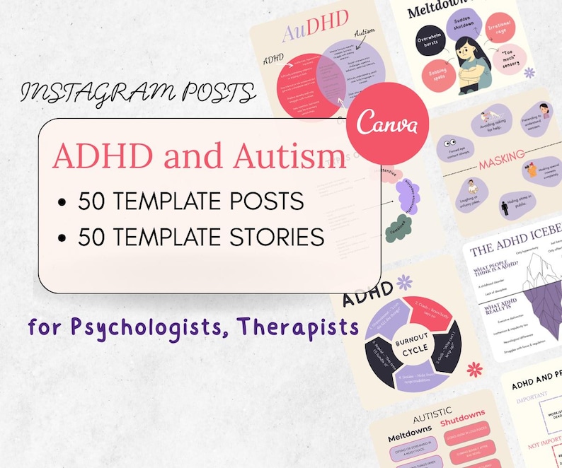 Peut inclure: Un graphique de marketing num&eacute;rique avec le texte "INSTAGRAM POSTS" et "ADHD et Autisme" en texte rose et blanc. Le graphique comprend &eacute;galement le texte "50 TEMPLATE POSTS" et "50 TEMPLATE STORIES" en texte noir. Le graphique comprend &eacute;galement le texte "for Psychologists, Therapists" en texte noir. Le graphique comprend plusieurs images de diagrammes de Venn et d'autres graphiques li&eacute;s au TDAH et &agrave; l'autisme.