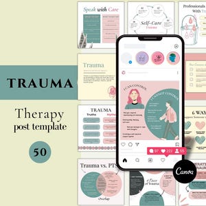 Può includere: Una raccolta di 50 modelli di post di terapia con la parola "TRAUMA" in testo grande. I modelli sono visualizzati sullo schermo di uno smartphone, mostrando vari design con colori pastello e illustrazioni. Il logo Canva è visibile.