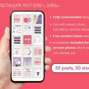 Peut inclure: Un smartphone affichant une grille de 16 images d'infographies color&eacute;es sur le TDAH. Le texte &agrave; l'&eacute;cran comprend "TDAH", "Pack de d&eacute;marrage TDAH adulte", "Astuces TDAH", "Masquage", "&Eacute;puisement du TDAH", "5 types de TDAH", "Actif", "Petites habitudes TDAH", "Liste des causes du masquage du TDAH", "Syst&egrave;me d'entreprise TDAH", "L'iceberg du TDAH". Le texte sous le t&eacute;l&eacute;phone dit "Mod&egrave;le enti&egrave;rement personnalisable", "Peut modifier les couleurs, les polices, la taille, ajouter ou supprimer des &eacute;l&eacute;ments", "Version gratuite de Canva n&eacute;cessaire", "Dans le mod&egrave;le inclus des photos gratuites en version que vous pouvez d&eacute;j&agrave; utiliser.", "50 publications, 50 histoires".