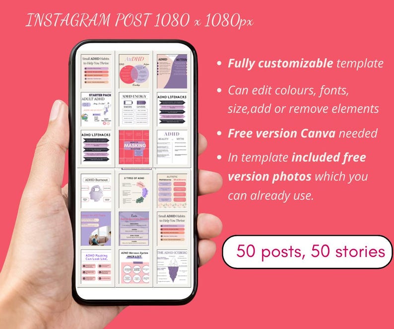 Peut inclure: Un smartphone affichant une grille de 16 images d'infographies color&eacute;es sur le TDAH. Le texte &agrave; l'&eacute;cran comprend "TDAH", "Pack de d&eacute;marrage TDAH adulte", "Astuces TDAH", "Masquage", "&Eacute;puisement du TDAH", "5 types de TDAH", "Actif", "Petites habitudes TDAH", "Liste des causes du masquage du TDAH", "Syst&egrave;me d'entreprise TDAH", "L'iceberg du TDAH". Le texte sous le t&eacute;l&eacute;phone dit "Mod&egrave;le enti&egrave;rement personnalisable", "Peut modifier les couleurs, les polices, la taille, ajouter ou supprimer des &eacute;l&eacute;ments", "Version gratuite de Canva n&eacute;cessaire", "Dans le mod&egrave;le inclus des photos gratuites en version que vous pouvez d&eacute;j&agrave; utiliser.", "50 publications, 50 histoires".