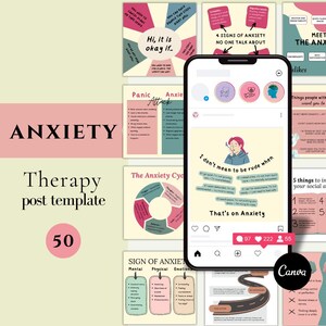 Op de afbeelding: Een digitaal sjabloon voor social media-posts over angst. Het ontwerp toont een telefoon met een bericht met de tekst "That's on Anxiety". Rondom de telefoon staan verschillende afbeeldingen met tekst als "Meet the Anxiety" en "50" in een roze cirkel.
