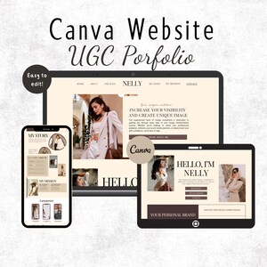 May include: A website mockup on a computer screen and a phone screen showing a portfolio for a business called "Nelly". The website features a light brown background with a photo of a woman in a brown blazer and white pants. The text on the website says "Increase your visibility and create unique image". The website also features a section called "Your Personal Brand" with a photo of a woman in a white coat and sunglasses.