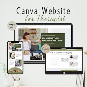 Peut inclure: Une maquette de site web pour un thérapeute, montrant un ordinateur portable et un téléphone avec la conception du site web. Le site web est intitulé "Lisa Therapy" et présente le texte "Empowering you to heal, grow, and thrive". Le site web comprend également une section intitulée "What Clients Are Saying" avec des témoignages.