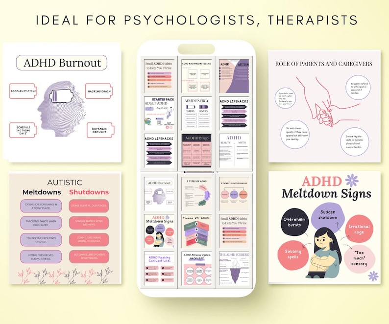 Peut inclure: Un ensemble d'affiches num&eacute;riques imprimables avec des informations sur le TDAH et l'autisme. Les affiches sont en rose, violet et blanc avec des illustrations d'un cerveau, d'une personne et de mains. Le texte sur les affiches comprend "&Eacute;puisement du TDAH", "Signes de crise", "Crises", "Arr&ecirc;ts", "R&ocirc;le des parents et des aidants", et "Autistique".