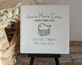 Custom Baby Birth Date Sign, YOUR Baby's name and birth info tile with choice of critter, easel sign - easel included