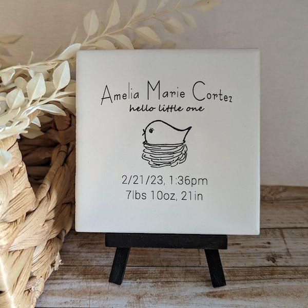 Custom Baby Birth Date Sign, YOUR Baby's name and birth info tile with choice of critter, easel sign - easel included