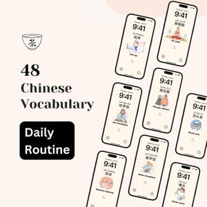May include: A collection of smartphones displaying Chinese vocabulary for daily routines. Each phone shows a different activity with Chinese characters and English translations, such as "Get up," "Eat breakfast," and "Do yoga."