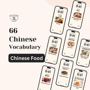 Chinese Food Vocabulary Phone Wallpaper, Learn 66 Chinese words with Visuals, Pinyin, Translation - Digital Flashcards