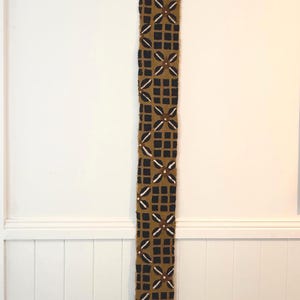 Authentic Mali Bogolan Mud Cloth Wall Hanging, Hand Dyed African Textile Art, Recycled Hardwood Spindles, Narrow Wall Decor