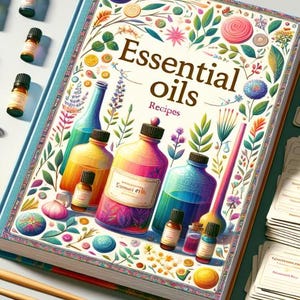 Puede incluir: Un libro titulado "Essential Oils Recipes" con una ilustración colorida de botellas de aceites esenciales, flores y hojas en la portada.