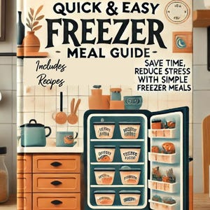 Puede incluir: Una ilustración colorida de una cocina con un congelador lleno de comidas preparadas. El texto en la portada dice "Guía de comidas rápidas y fáciles para el congelador - Incluye recetas - Ahorra tiempo, reduce el estrés con comidas simples para el congelador".