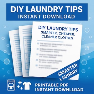 Puede incluir: Una imagen con el texto "DIY LAUNDRY TIPS" y "SMARTER, CHEAPER, CLEANER CLOTHES" en hojas blancas. La imagen incluye un icono de lavadora, estrellas y un icono de camiseta. También se ven las palabras "PRINTABLE PDF" y "INSTANT DOWNLOAD".