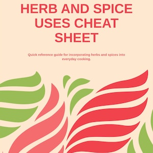 Könnte beinhalten: Ein pinkfarbenes und grünes Grafikdesign mit dem Text "HERB AND SPICE USES CHEAT SHEET" und dem Text "Kurzanleitung zur Verwendung von Kräutern und Gewürzen in der täglichen Küche."