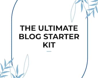 May include: A blue oval frame with the text "THE ULTIMATE BLOG STARTER KIT" in black text. The frame is decorated with blue leafy branches on the top and bottom.